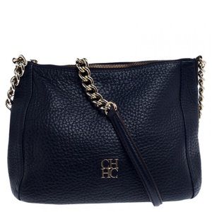 Carolina Herrera navy blue pebbled leather bag